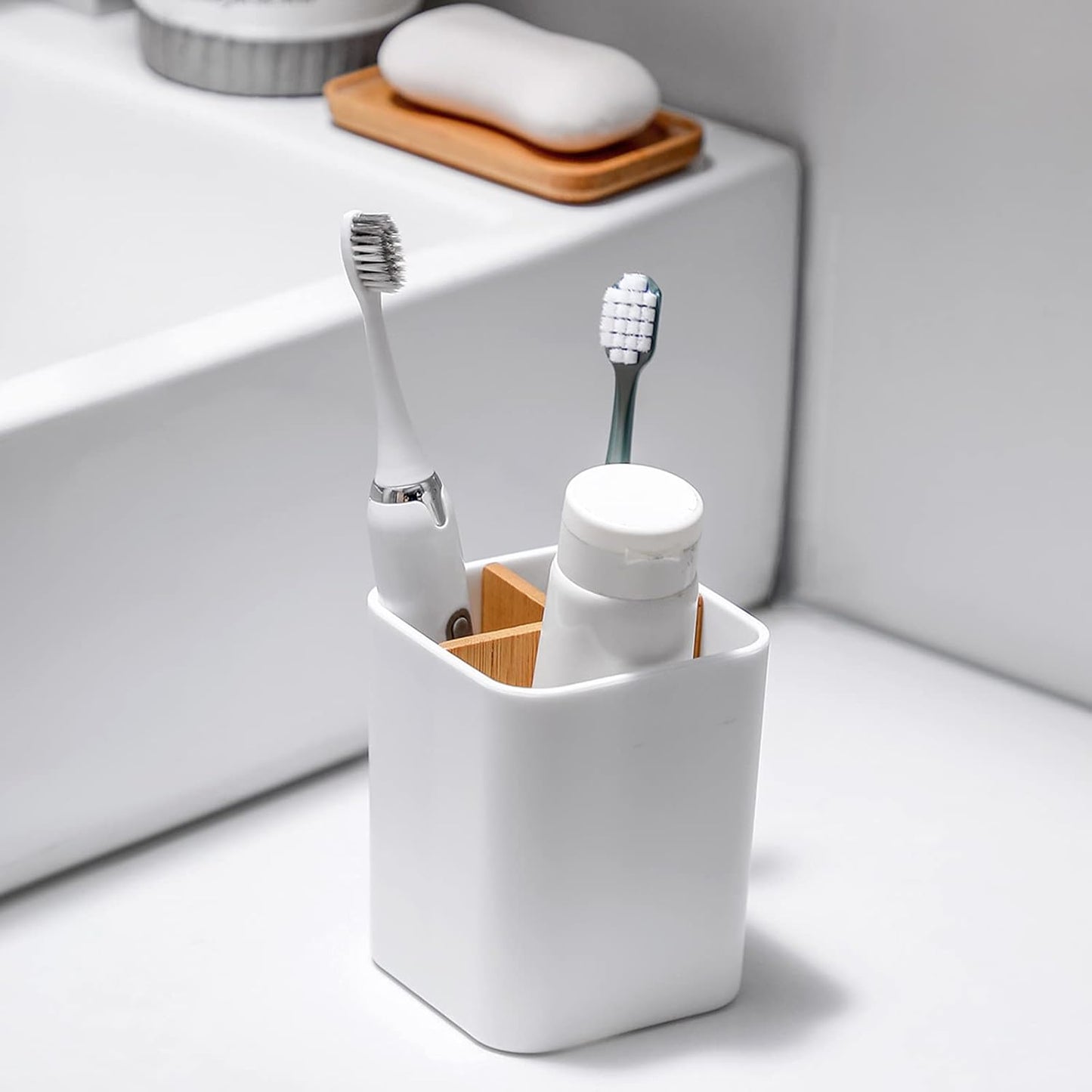 Bamboo Toothbrush Holder for Bathrooms Toothpaste Organizer - Black | Detachable Inserts, 3 Slots, Bathroom Counter Organizer, for Kids Electric Toothbrushes, Floss, Razors