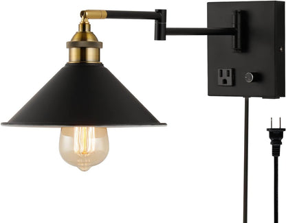 Bedside Wall Mount Light with Dimmable Switch and Outlet, Swing Arm Fabric Shade Wall Sconce Light with USB Port and Plug in Cord, Black Wall Lamp for Bedroom, Living Room and Hotel