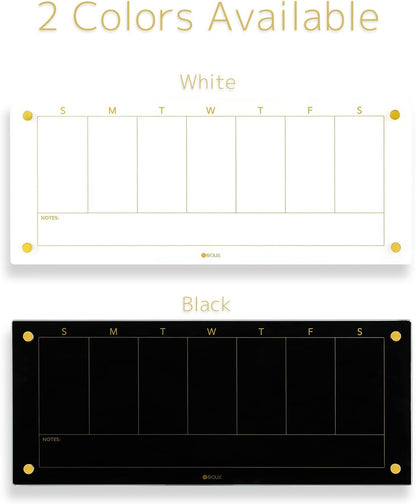 Yeoux Clear Glass Golden Weekly & Menu Dry Erase Calendar Board 15“x11 | Wall Mount, Non-Magnetic, Meal Planning & Grocery Shopping List Whiteboard for Kitchen & Home, 4 Markers