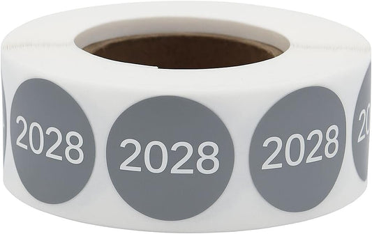 2028 Year Stickers – Gray with White Text 0.75 Inch Round Labels, 500 Total Adhesive Stickers Per Roll for Inventory, Rotation, Dating, and Filing – Made in the USA