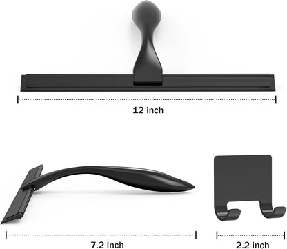 All-Purpose Stainless Steel Shower Squeegee for Shower Glass Door with Adhesive Hook, Bathroom Cleaner Tool Household Window Mirror Squeegee for Glass Doors, Cleaning Tile Wall, Car, 10 inch, Black