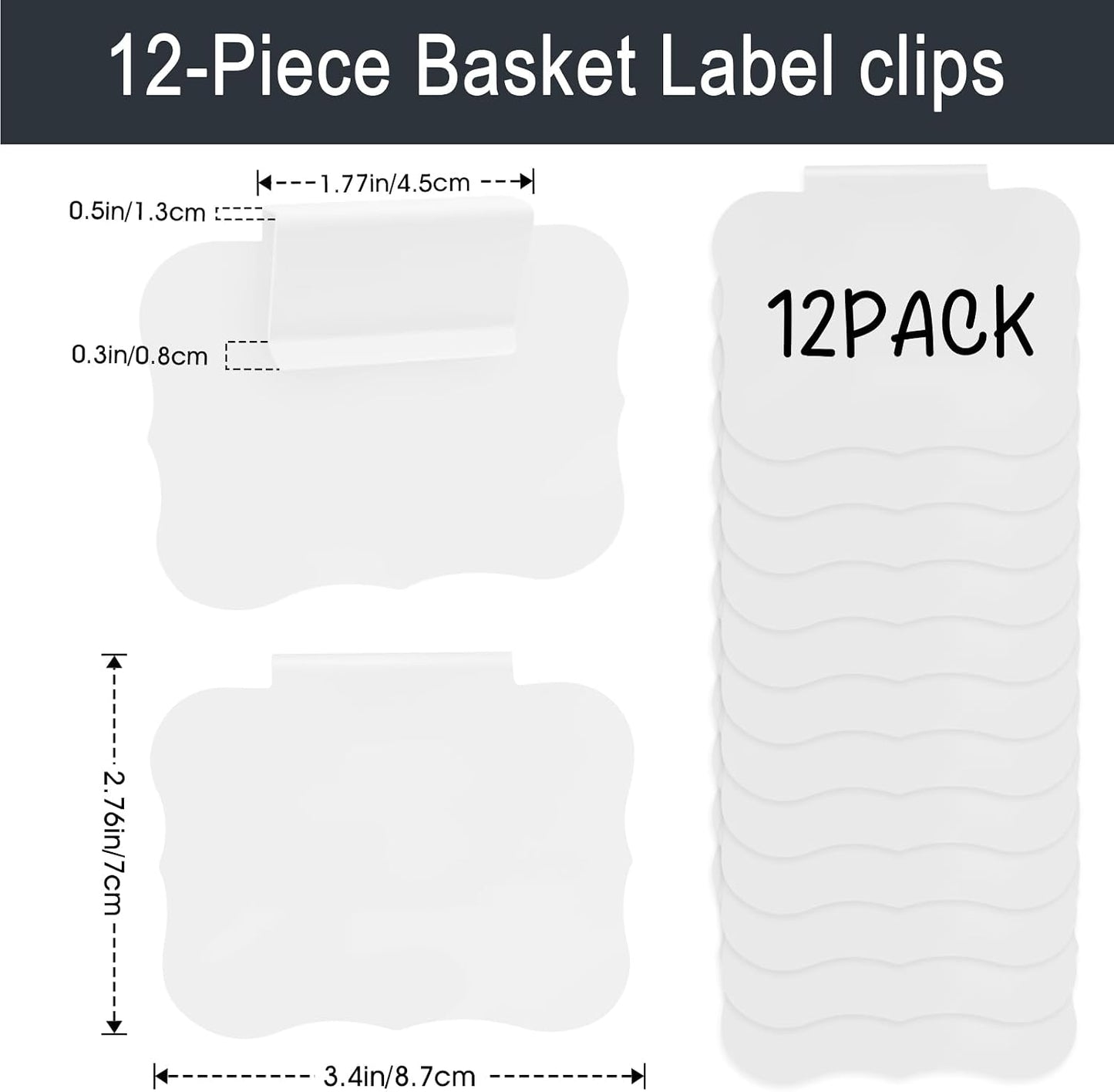 12pcs White Basket Labels Removable PVC Labels | Clip On for Storage Bins, Removable PVC Labels for Baskets with Holders, 3.5x2.7 Inches