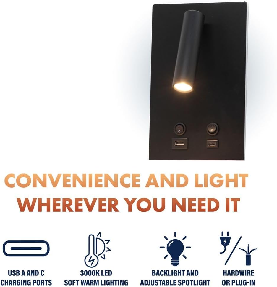 Newhouse Lighting 4.5 in. W x 15 in. H Cole Gooseneck Reading Light in Matte Black with USB-A and USB-C Charging Ports NHRL-CO-BLK, Bedside Lamp for Nightstands, Space-Saving Office Desk Accessory