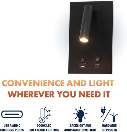Newhouse Lighting 4.5 in. W x 15 in. H Cole Gooseneck Reading Light in Matte Black with USB-A and USB-C Charging Ports NHRL-CO-BLK, Bedside Lamp for Nightstands, Space-Saving Office Desk Accessory