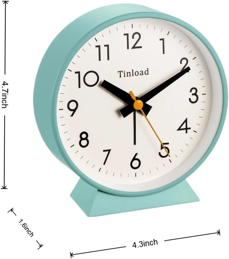 Tinload 4.5" Battery Operated Analog Alarm Clock, Small Silent Bedside Desk Clock with Night Light, Blue