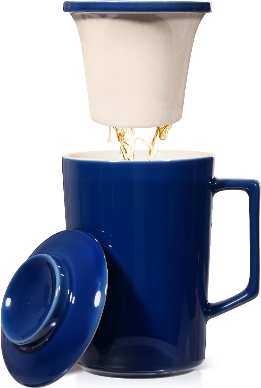 15 oz Ceramic Tea Infuser Cup with Lid - Tea Mug with All Porcelain Strainer for Loose Leaf Teas,Microwave and Dishwasher Safe,Metal-Free,BPA-Free for Tea Lovers/Birthday (Black)