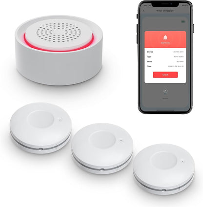 Water Leak Detector Kit for Home, GreenVation 3 Smart WiFi Water Sensor Alarm with App Alerts, 1 Base Station with 100dB Adjustable Alarm, RF 300m/984ft for Basement, Bathroom, Laundry
