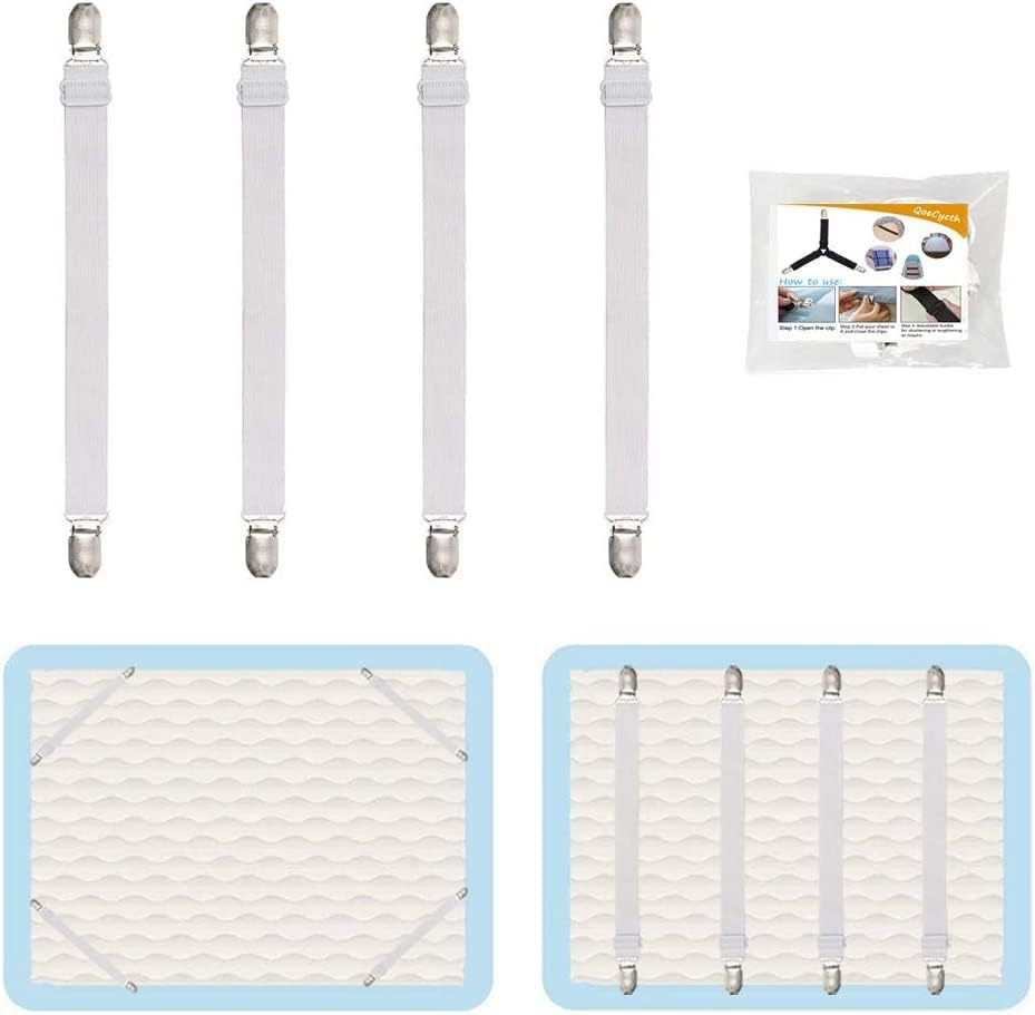Adjustable Bed Sheet Straps Clips, Elastic Mattress Sheet Fasteners Holder and Suspenders, Grippers to Hold Sheet, Mattress, Sofa, Couch, Table Cloth, Recliner Ironing Board Cover and More