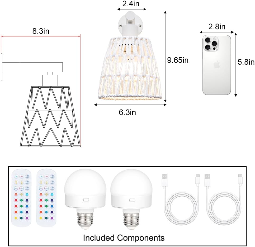 Boho Battery Operated Wall Sconces, Rattan Wall Sconce Set of 2 with Remote, RGB 15 Colors Dimmable Rechargeable Wall Light, Black Indoor Wireless Wall Lamp, Farmhouse Rattan Wall Lighting for Bedroom