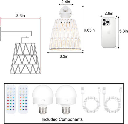Boho Battery Operated Wall Sconces, Rattan Wall Sconce Set of 2 with Remote, RGB 15 Colors Dimmable Rechargeable Wall Light, Black Indoor Wireless Wall Lamp, Farmhouse Rattan Wall Lighting for Bedroom