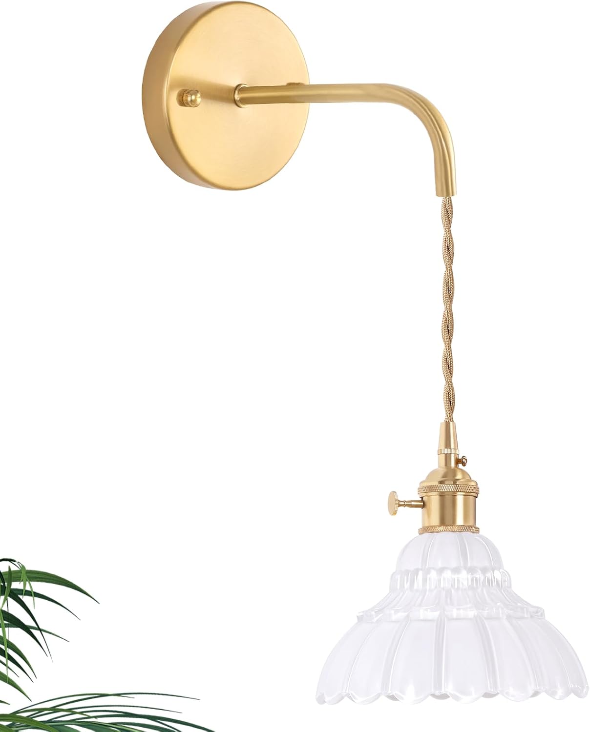 Shenmoyl Battery Operated Wall Sconce Wall Lamp with Green Lily of the Valley Shade Pattern Glass Adjustable Chain Retro Gold Wall Mounted Light, Modern Wall Lamp Fixtures Decor for Bedside Bedroom