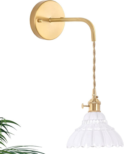 Shenmoyl Battery Operated Wall Sconce Wall Lamp with Green Lily of the Valley Shade Pattern Glass Adjustable Chain Retro Gold Wall Mounted Light, Modern Wall Lamp Fixtures Decor for Bedside Bedroom