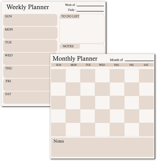 Fridge Calendar & Refrigerator Calendar Set, Magnetic Dry Erase Calendar Whiteboard with Monthly and Weekly Planner, Beige Checkered Fridge Calendar Magnet with 2 Markers and 2 Erasers