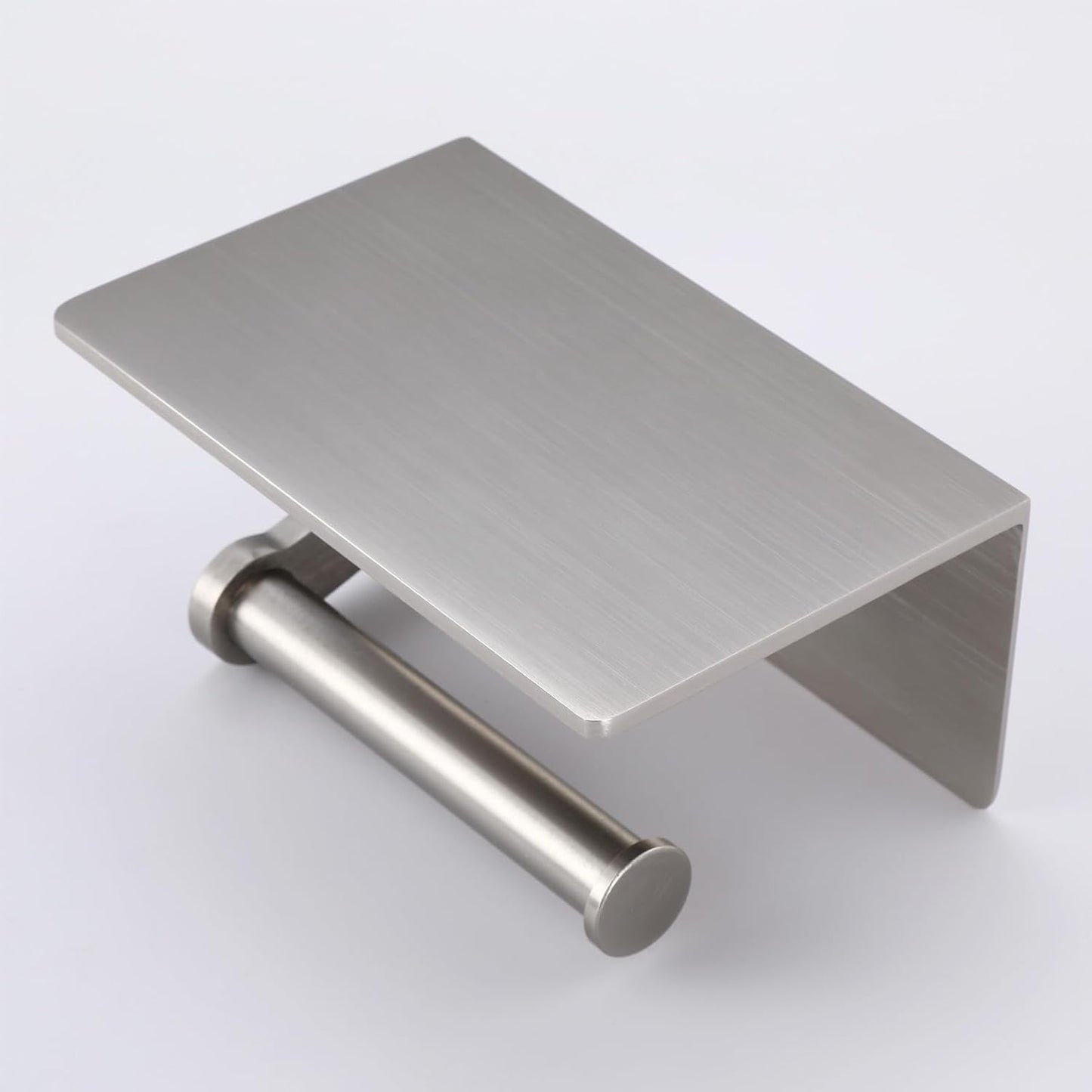 Toilet Paper Holder with Shelf, Adhesive or Screw Wall Mount Toilet Roll Holder for Bathroom, Rustproof Solid Aluminum Commercial Toilet Tissue Holder with Storage, Brushed Nickel