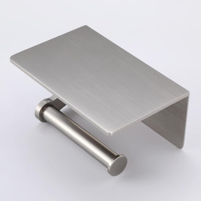 Toilet Paper Holder with Shelf, Adhesive or Screw Wall Mount Toilet Roll Holder for Bathroom, Rustproof Solid Aluminum Commercial Toilet Tissue Holder with Storage, Brushed Nickel