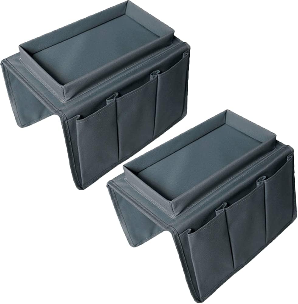 Sofa Armrest Organizer, Couch TV Remote Storage Organizer with Pockets for Recliner Armchair Snacks Glasses Smartphone Magazines Pouch (Black)