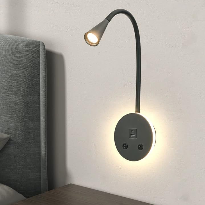 Book Lights for Reading at Night, LED Wall Mounted Reading Light, Flexible Gooseneck Wall Lamps for Bedroom, Plug in Wall Lights with USB Charging, Bedside Wall Sconces Focused Bed Lamp (Black)
