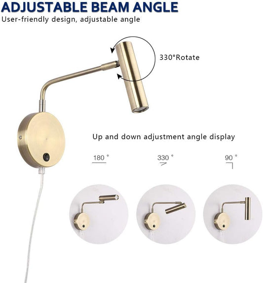 Joossnwell Wall Lamps that Plug in, Bronze Metal Industrial Wall Spotlight with Switch on Off for Home Bedside Lighting Fixtures Warm White 3000K 1 Pack