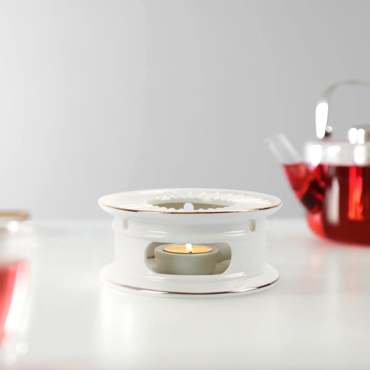 Teapot Warmer, Ceramic Tea Warmer with Tealight Holder, Teapot Heater for Heating Coffee, Milk, Tea Light Heater, Candle Warmer (White)