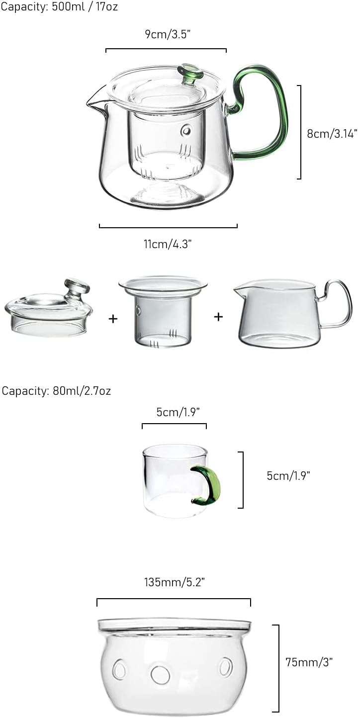 Glass Filtering Tea Maker Teapot with a Warmer and 6 Double-walled Tea Cups Set (Heating base, Standard)