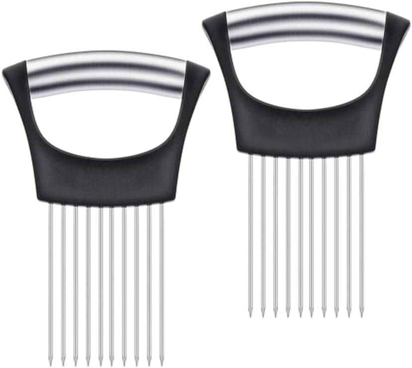 2Pcs onion slicer， Kitchen Prong Slicer for Vegetables and Meat, Stainless Steel Tines with Safety Handle, Black (2)