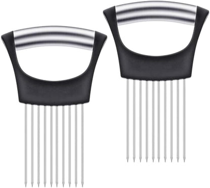 2Pcs onion slicer， Kitchen Prong Slicer for Vegetables and Meat, Stainless Steel Tines with Safety Handle, Black (2)