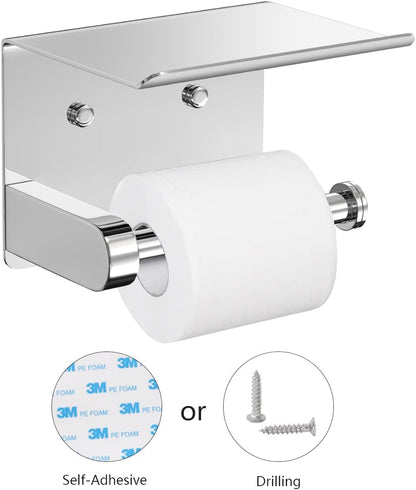 VAEHOLD Self Adhesive Toilet Paper Holder with Phone Shelf Stainless Steel Wall Mounted Toilet Paper Roll Holder - Rustproof and Bathroom Washroom Tissue Roll Holder with Shelf - Black