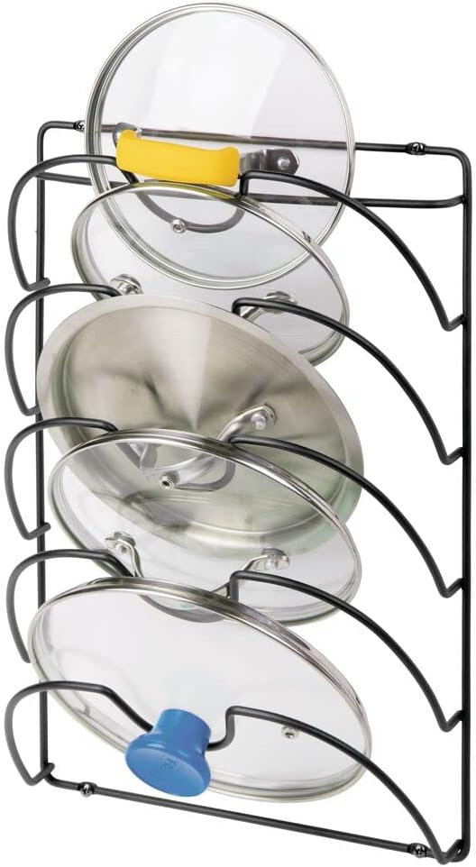 mDesign Metal Wire Pot and Pan Lid Rack Organizer for Kitchen Cabinet Doors or Wall Mount - Upright Storage Holder with 5 Slots - Black