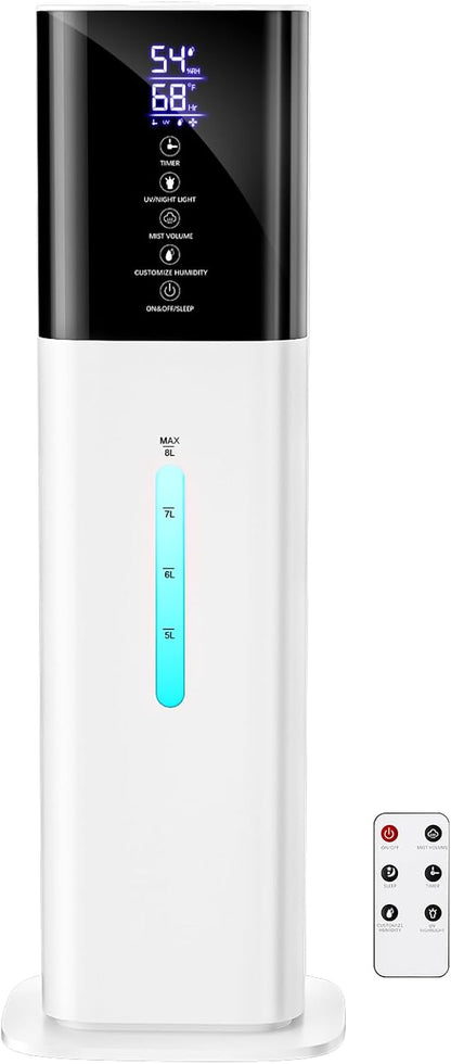 Humidifier Large Room Bedroom, 8L/2.1Gal Top Fill Cool Mist Humidifiers with Humidistat, 3-Speeds, 48H Runtime, Quiet Sleep Mode, Night Light, 12H Timer, 360° Nozzle & Aroma Diffuser for Baby, Plants