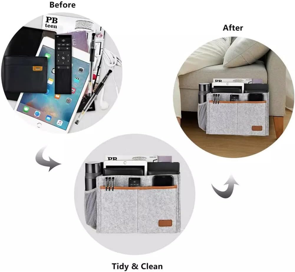 Bedside Caddy, Felt Bedside Storage Organizer, Hanging Storage Bag, Chair Organizer Caddy, Remote, Magazine, Drink Bottle Holder for Hospital, Dorm Bed, Baby Stuff, Office (Light Grey Small)