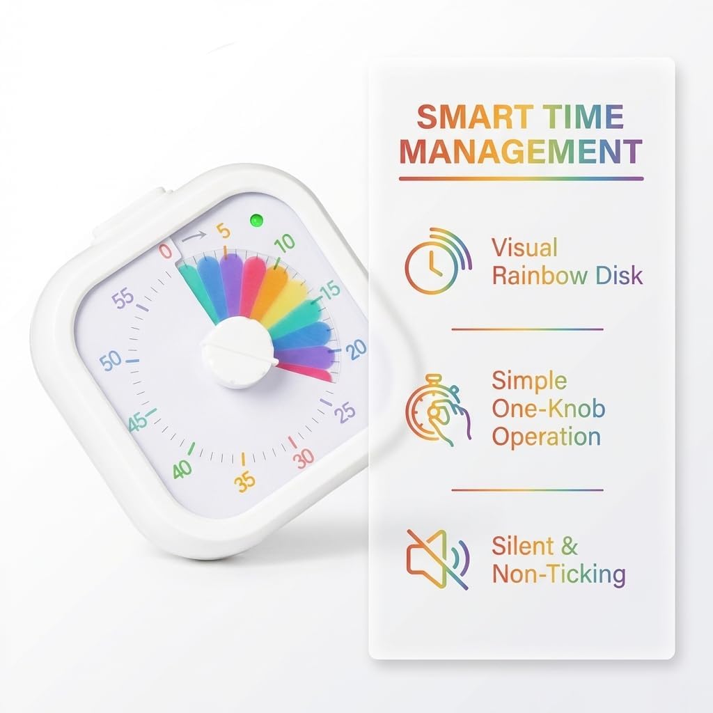 Visual Timer with Rainbow Pattern, 60-Minute Countdown Timer for Kids and Adults, Silent Pomodoro Timer for Classroom, Kitchen, Office & Teaching, Time Management Tool (White)