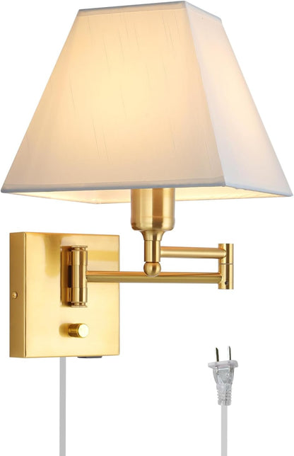 Wall Mounted Lamp Plug in Wall Sconce with Dimmable Switch Swing Arm Wall Lamp Whire Fabric Shade with USB Port Gold Wall Sconce Suitable for Hallway Bedroom Living Room…