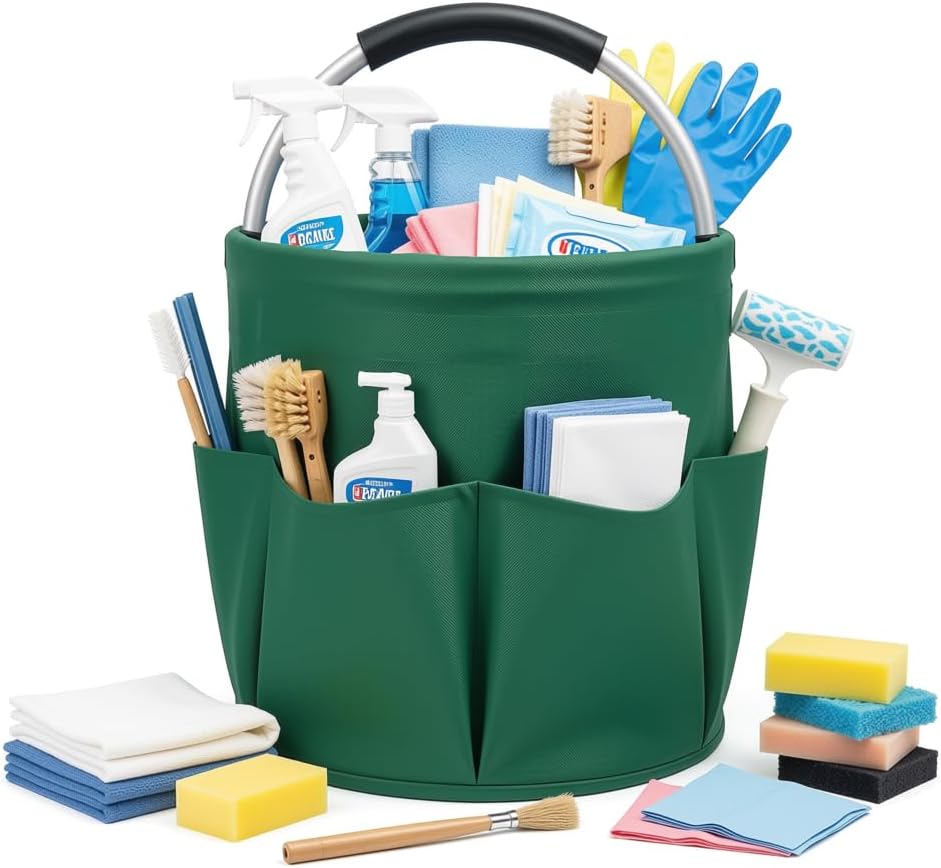 Cleaning Caddy with Handle, 17L Foldable Storage Basket, Heavy Duty 600D Oxford Cloth Organizer, Portable Supply Bag, Multi-Purpose Supplies Caddy for Home, Bathroom, Kitchen, Garden - Black