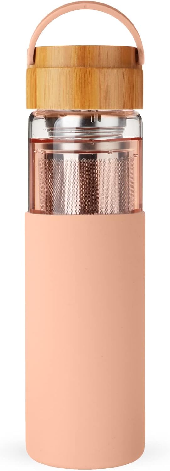 Pinky Up Blair Travel Tea Infuser Mug, Double Walled Insulated Travel Tumbler with Loose Leaf Tea Strainer, Travel Coffee Mug, Keeps Drinks Hot or Cold, 16 oz, White Leaf