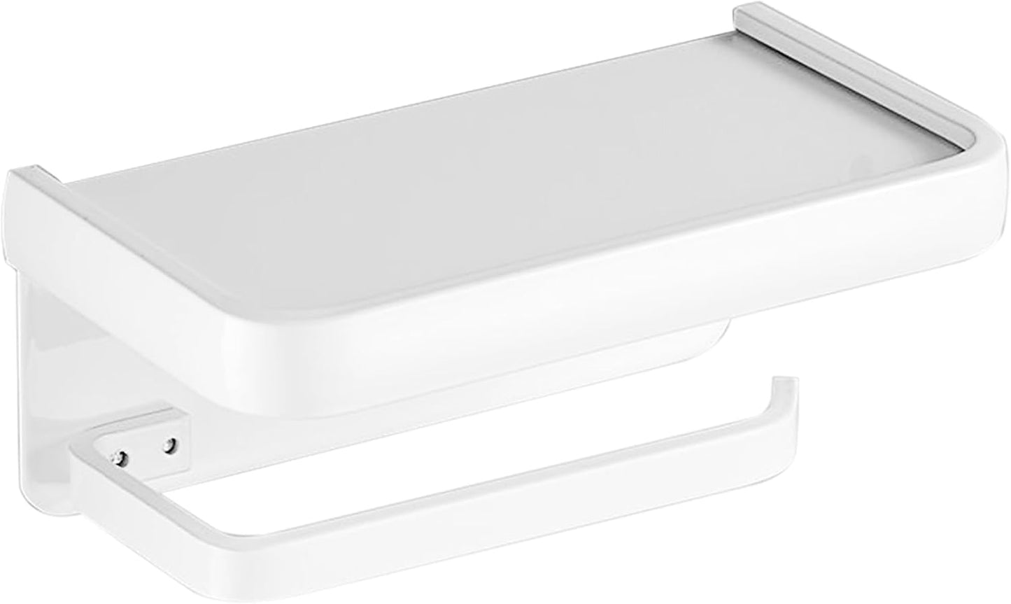 Toilet Paper Holder with Phone Shelf, Adhesive or Screw Wall Mount Toilet Tissue Roll Holder-White