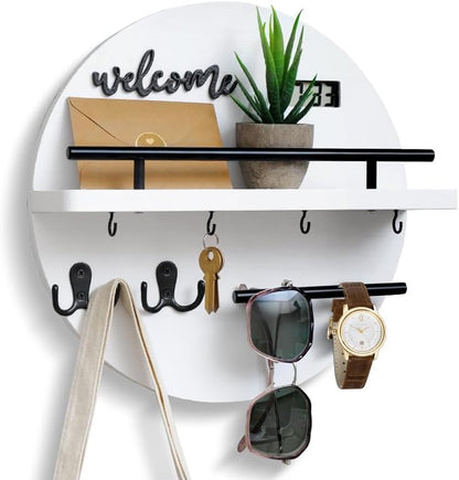 Key Holder for Wall, Key and Mail Holder Organizer with - Key Holder Wall Mount - Round Wooden Rustic Home Decor for Entryway, Mudroom, Hallway, Kitchen Office (Black)