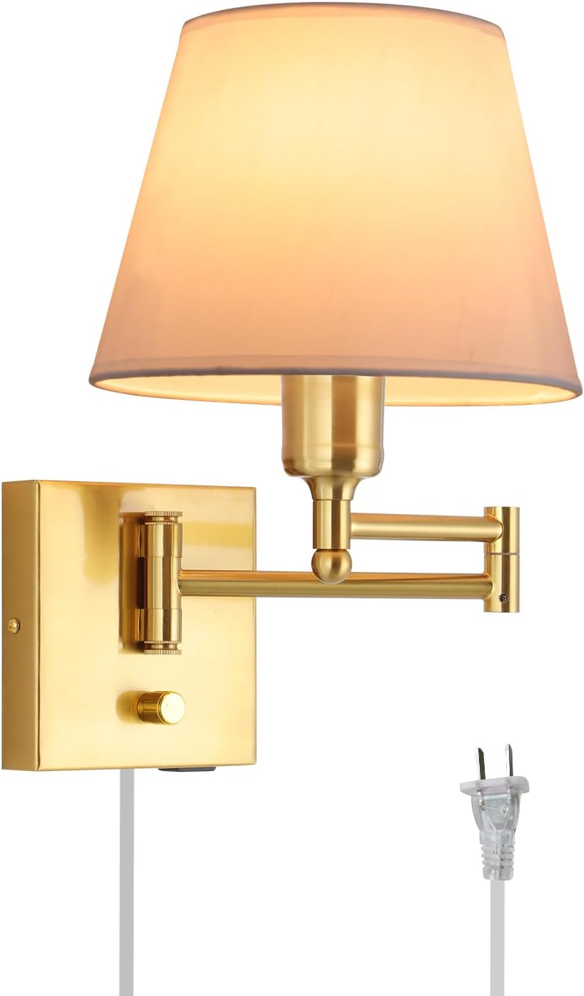 Bedside Wall Mount Light with Dimmable Switch and Outlet, Swing Arm Fabric Shade Wall Sconce Light with USB Port and Plug in Cord, Black Wall Lamp for Bedroom, Living Room and Hotel