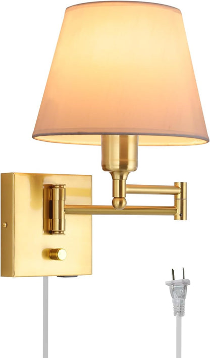 Bedside Wall Mount Light with Dimmable Switch and Outlet, Swing Arm Fabric Shade Wall Sconce Light with USB Port and Plug in Cord, Black Wall Lamp for Bedroom, Living Room and Hotel