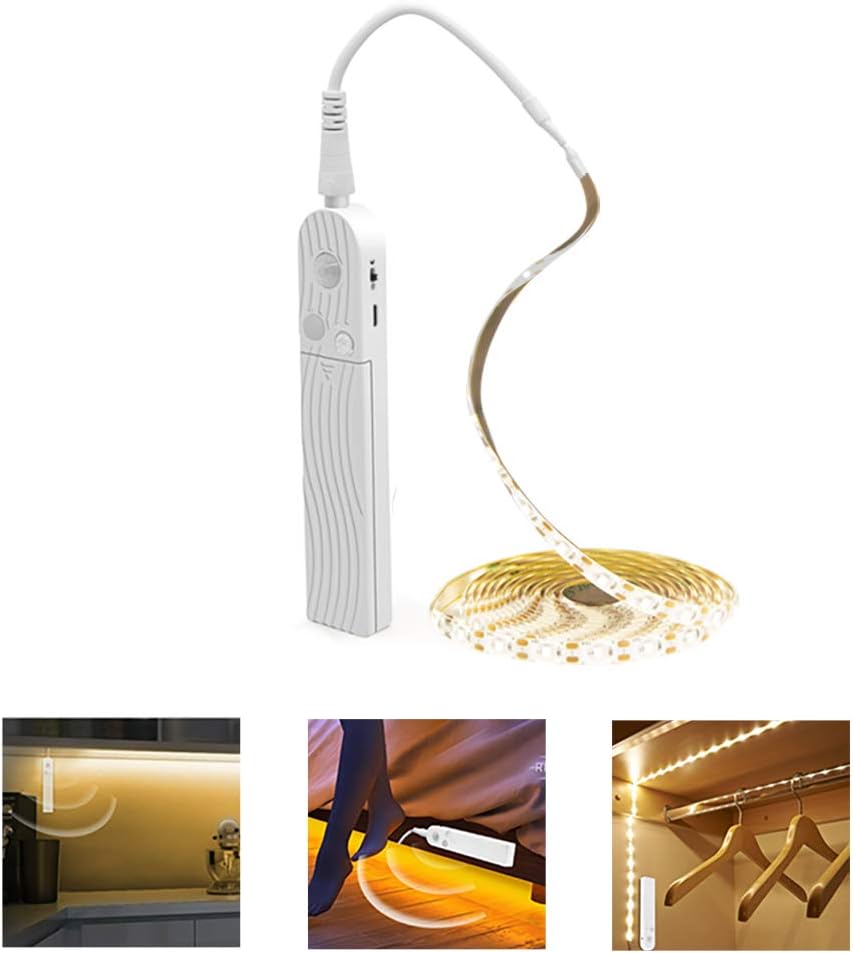 Under Cabinet Lights, 3M/10FT LED Bed Stairs Wardrobe Strip Lights Motion Sensor, 5V USB & Battery Powered Closet Night Tape Lights Four Modes, Waterproof - Warm White, 3M x 2 Pack
