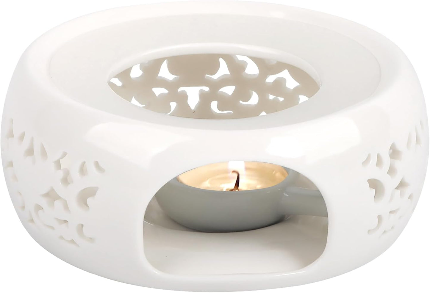 Teapot Warmer, Ceramic Tea Warmer with Tealight Holder, Teapot Heater for Heating Tea, Coffee, Milk, Tea Light Warmer (White)