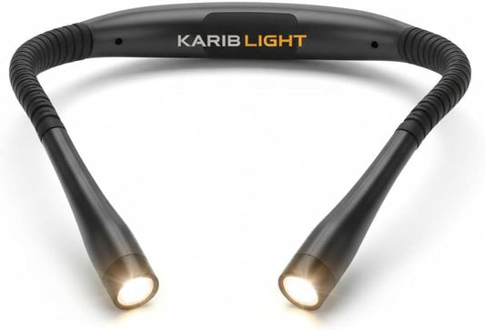 KARIB'LIGHT Rechargeable Neck Reading Light – LED Book Lamp for Bed, Blue Light Filter (Eye Care) – 1000mAh Battery, 3 Modes & Flexible Arms – Hands-Free for Knitting, Repair, Camping Hands Free