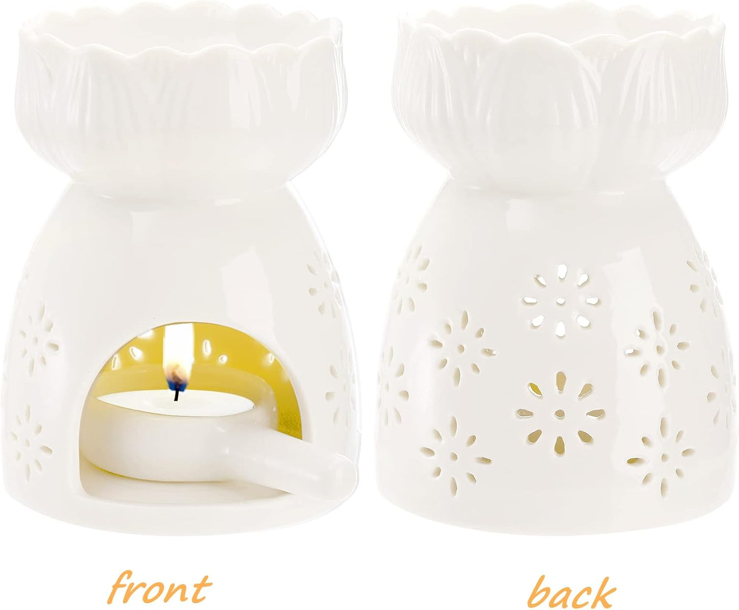 Lyellfe 3 Pack Ceramic Tealight Candle Holder with Spoon | White Carved Essential Oil Burner, Wax Warmer Aroma Diffuser for Birthday Valentines Mothers Day Gift Home Decor