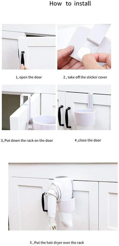 Hair Dryer Rack Over-The-Cabinet Hair Dryer Holder, Holster for Master, Guest, Kid's Bathroom, Vanity, 5.4" x 4" x 3.4" - White