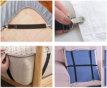 Adjustable Bed Sheet Clips, Sheet Fasteners Holder Straps and Suspender, Gripper, Extend From 21" to 80" Long Style Elastic Fasteners Bands Heavy Duty Suit for Mattress, Sofa, Couch, Recliner and More
