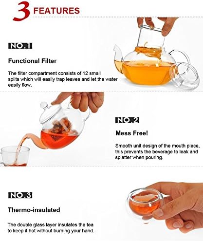 Jusalpha 11 PC-Glass Filtering Tea Maker Teapot with a Warmer and 6 Tea Cups Set (Version 2, 27-Oz) | 6 units of 1.7 oz tea cups, tea set comes with a 27 oz teapot with a removable infuser