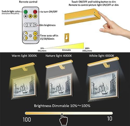 MIOBLUE Rechargeable Picture Lights with Remote,Full Metal Painting Light Display LED Battery Lamp with 3 Lighting Modes, Dimmable Dartboard Light with Timer for Frame Portrait Art