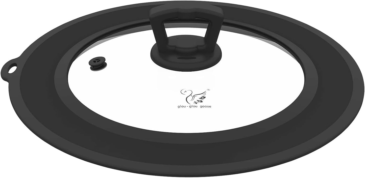 Vented Tempered Glass Universal Lid for Pot Pan Skillet with Heat Resistant Silicone Rim Microwave Splatter Lid Cover Microwave Safe Fit 11.5" 12" 12.5" Cookware, Dishwasher Safe Black