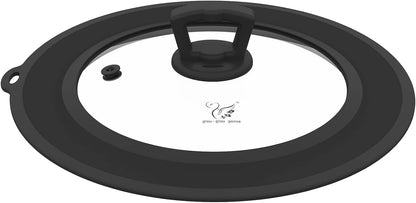 Vented Tempered Glass Universal Lid for Pot Pan Skillet with Heat Resistant Silicone Rim Microwave Splatter Lid Cover Microwave Safe Fit 11.5" 12" 12.5" Cookware, Dishwasher Safe Black