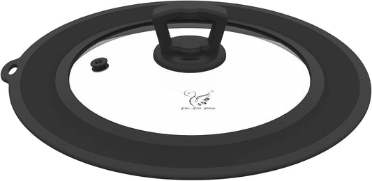 Vented Tempered Glass Universal Lid for Pot Pan Skillet with Heat Resistant Silicone Rim Microwave Splatter Lid Cover Microwave Safe Fit 11.5" 12" 12.5" Cookware, Dishwasher Safe Black