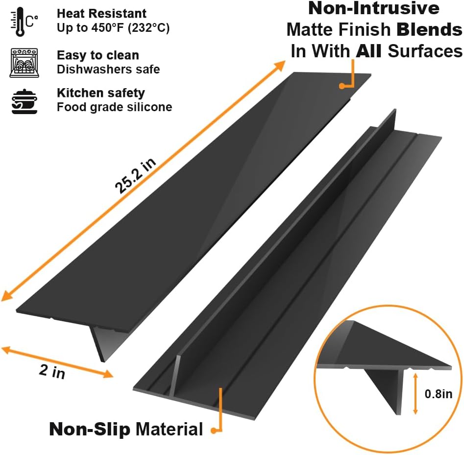 Silicone Stove Counter Gap Cover - 25 Inch Gap Filler 2 Pack Black | Long gap filler seals spills between kitchen appliances Stovetop oven countertop; stove gap cover, gas stove side gap covers